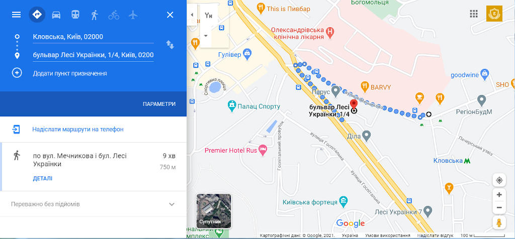 Google-map: How to get from metro Klovskaya to LC ENTIRE (ABSOLUT), Lesya Ukrainka Blvd., 1/4 (Mechnikova St., 4/1), Kiev, Ukraine, 02000