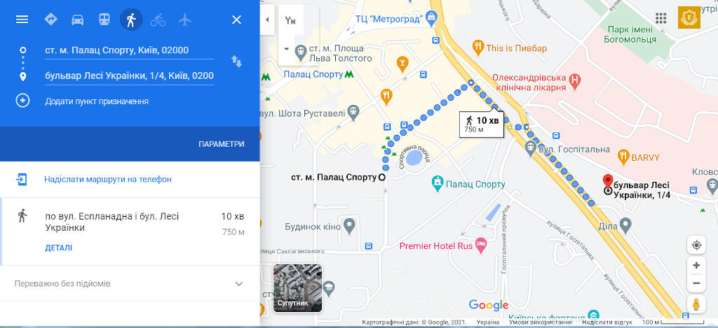 Google-map: How to get from metro Palace of Sports to LC ENTIRE (ABSOLUT), Lesya Ukrainka Blvd., 1/4 (Mechnikova St., 4/1), Kiev, Ukraine, 02000